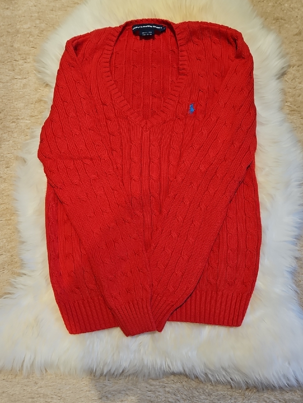 Womens Ralph Lauren Red Cable V-Neck Sweater with Blue Pony Size Large